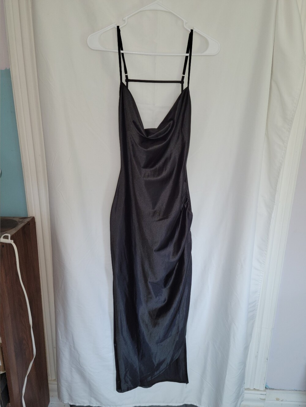 Satin Black Cowl Dress with Spaghetti Straps